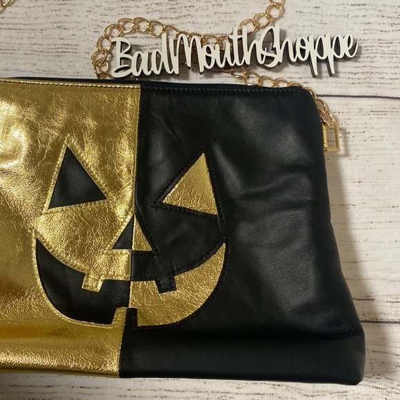 *Verona Black Gold and Black Leather Split Jackolantern Bag Purse - Picture 3 of 9